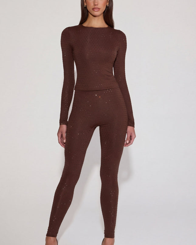 Chocolate Brown Embellished Jersey High-Waisted Leggings