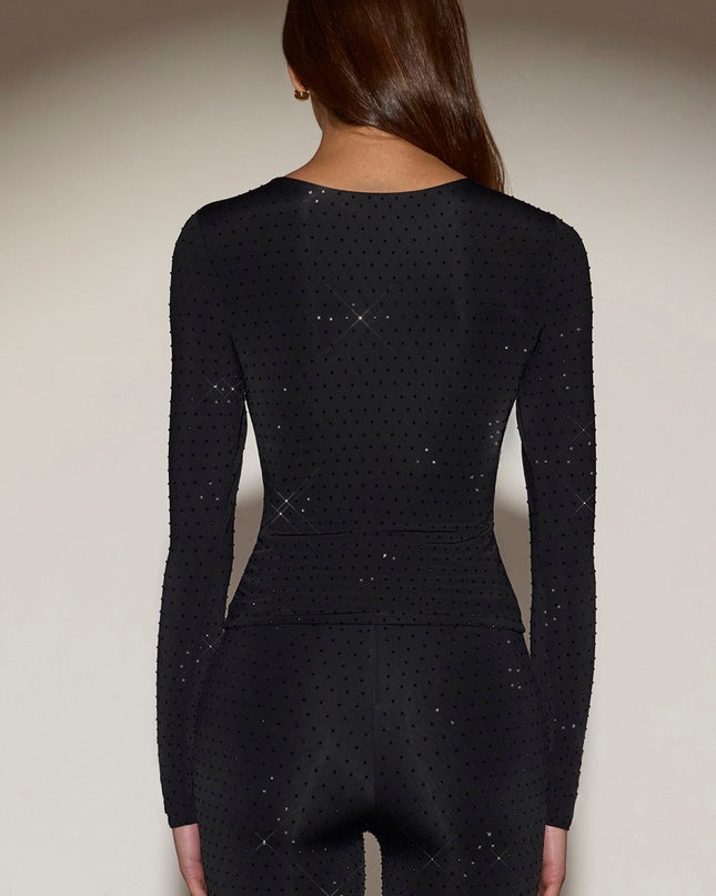 Black Embellished Crew-Neck Long-Sleeve Top