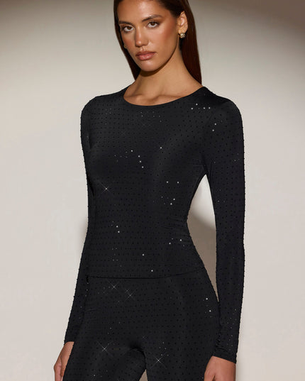 Black Embellished Crew-Neck Long-Sleeve Top
