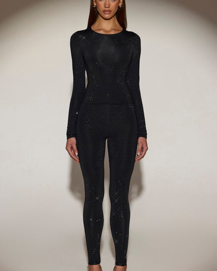 Black Embellished Crew-Neck Long-Sleeve Top