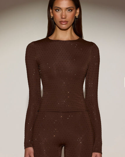 Chocolate Brown Embellished Crew-Neck Long-Sleeve Top