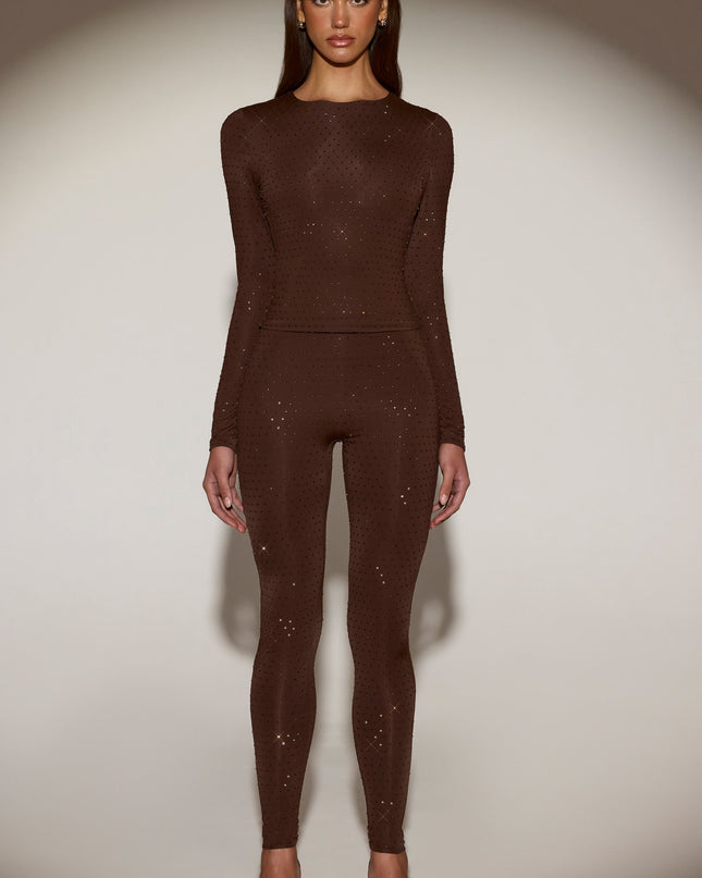 Chocolate Brown Embellished Crew-Neck Long-Sleeve Top