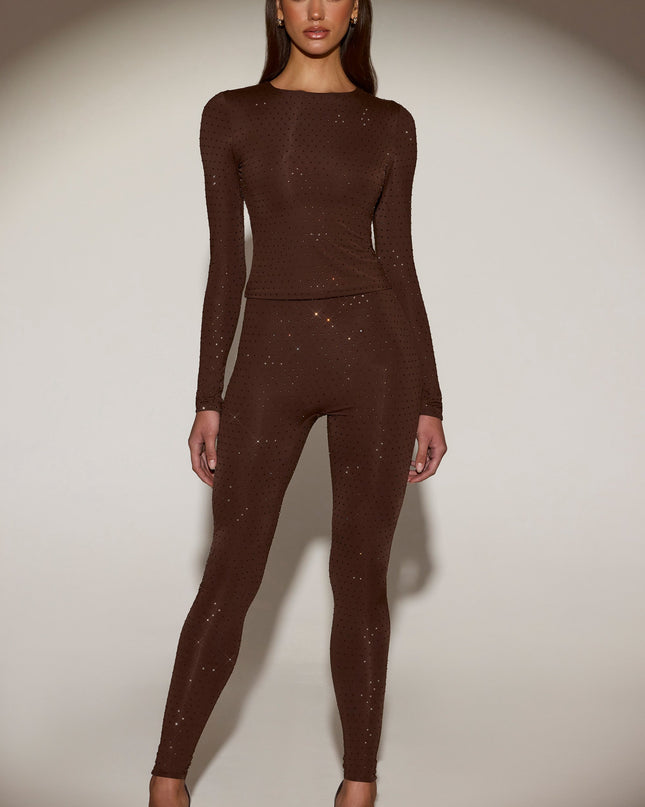 Chocolate Brown Embellished Crew-Neck Long-Sleeve Top