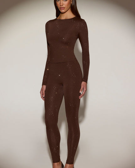Chocolate Brown Embellished Crew-Neck Long-Sleeve Top