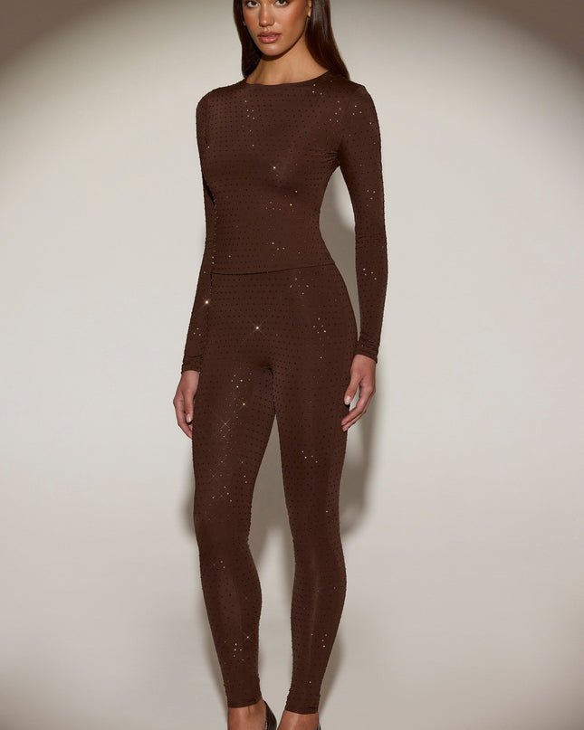 Chocolate Brown Embellished Crew-Neck Long-Sleeve Top