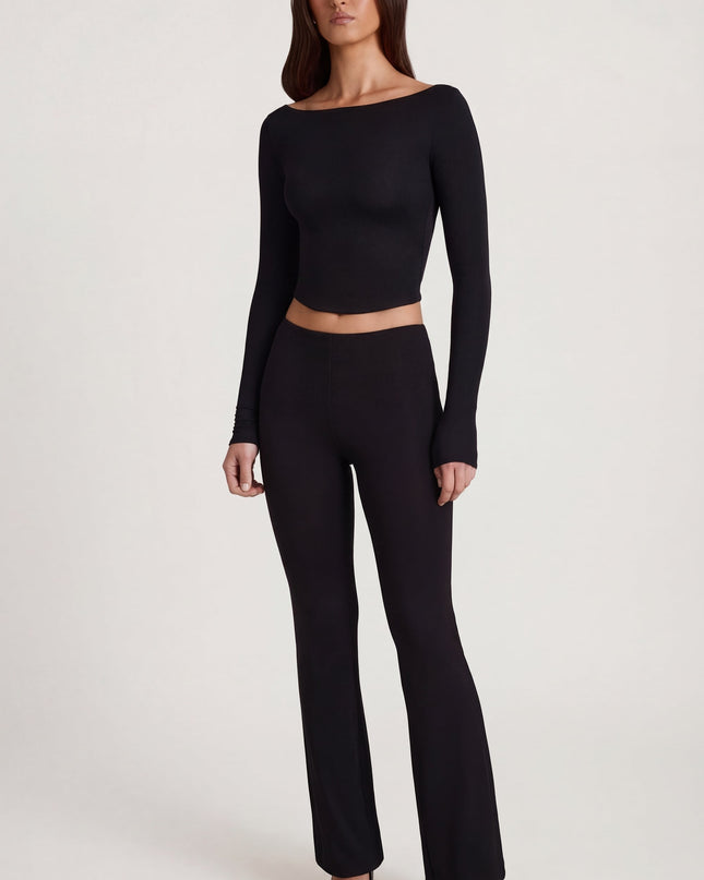 Black Modal Mid-Rise Flared Trousers