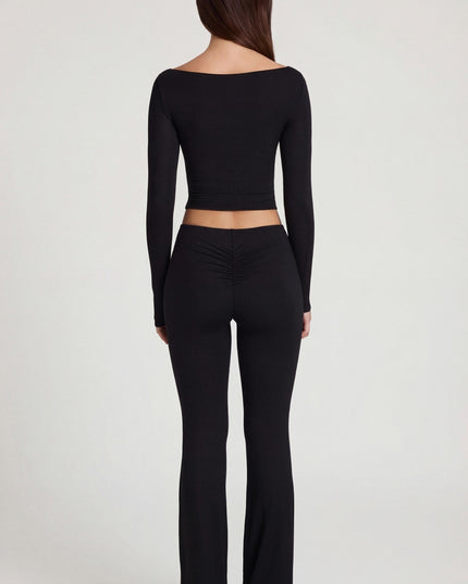 Black Modal Mid-Rise Flared Trousers