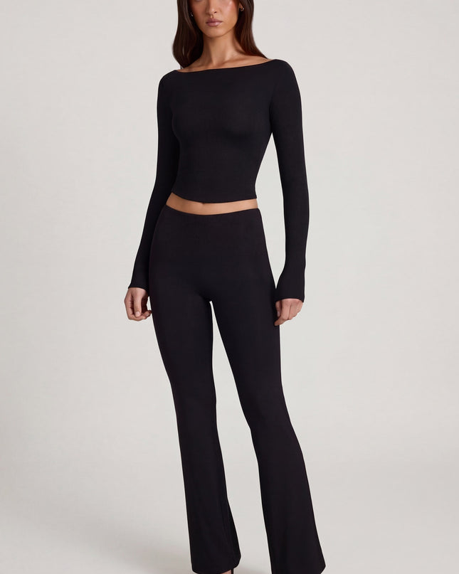 Black Modal Mid-Rise Flared Trousers