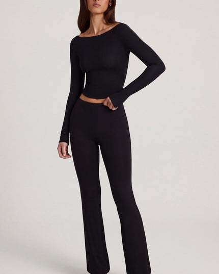 Black Modal Mid-Rise Flared Trousers
