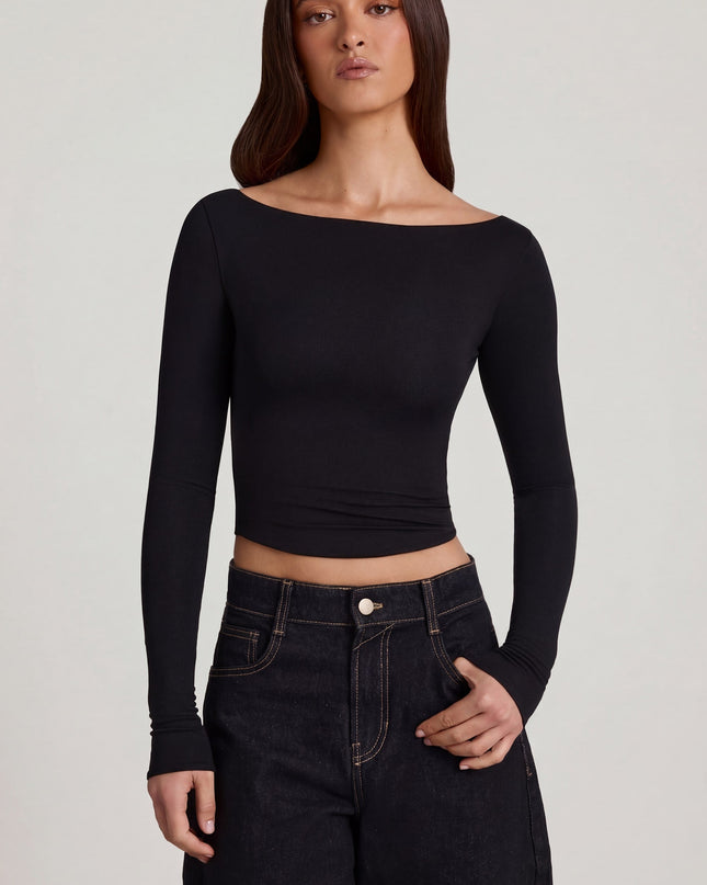 Black Modal Boat-Neck Long-Sleeve Top