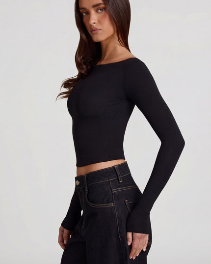 Black Modal Boat-Neck Long-Sleeve Top