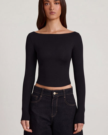 Black Modal Boat-Neck Long-Sleeve Top