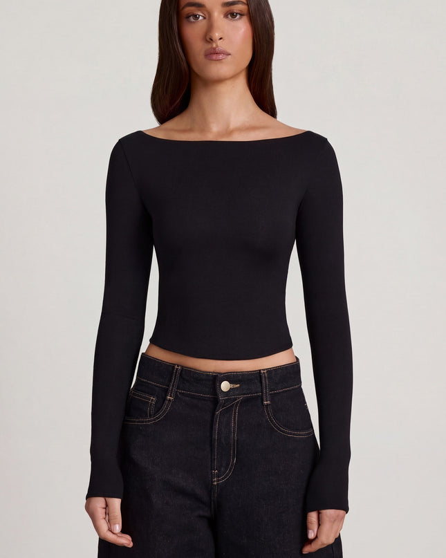 Black Modal Boat-Neck Long-Sleeve Top