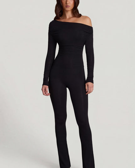 Black Modal Off-Shoulder Long-Sleeve Jumpsuit