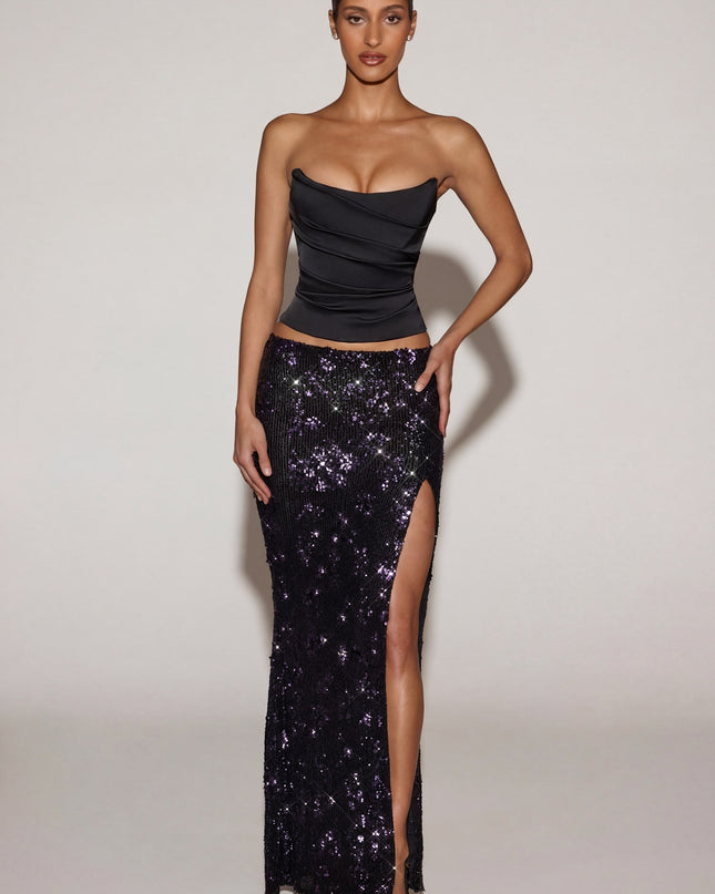 Black Purple Embellished Mid-Rise Thigh-Split Maxi Skirt