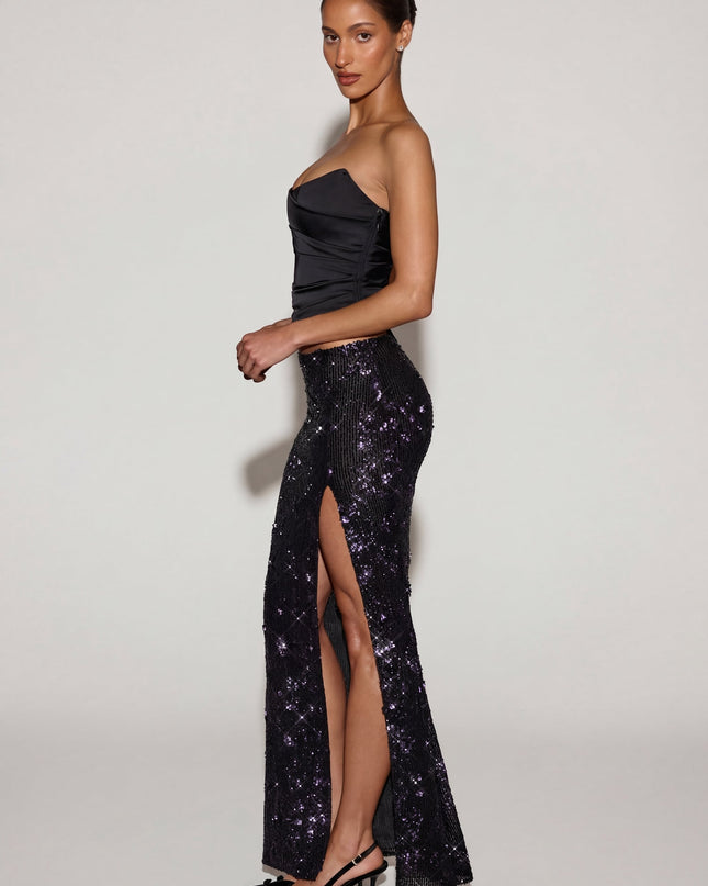 Black Purple Embellished Mid-Rise Thigh-Split Maxi Skirt