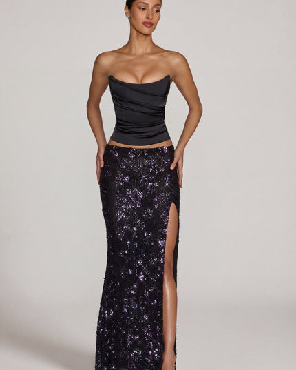 Black Purple Embellished Mid-Rise Thigh-Split Maxi Skirt