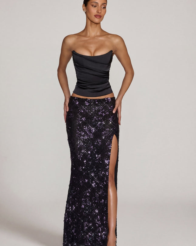 Black Purple Embellished Mid-Rise Thigh-Split Maxi Skirt