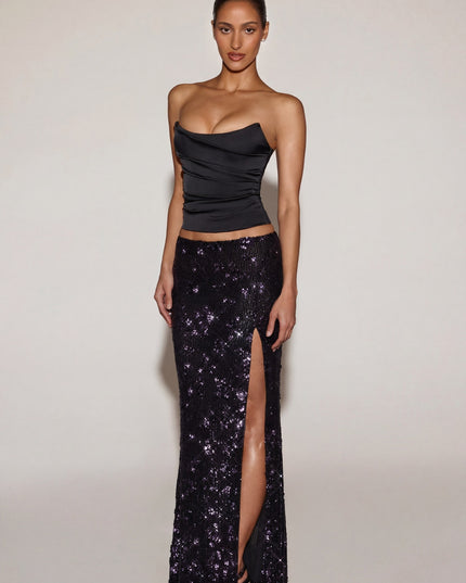 Black Purple Embellished Mid-Rise Thigh-Split Maxi Skirt