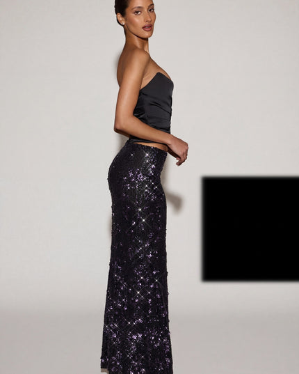 Black Purple Embellished Mid-Rise Thigh-Split Maxi Skirt