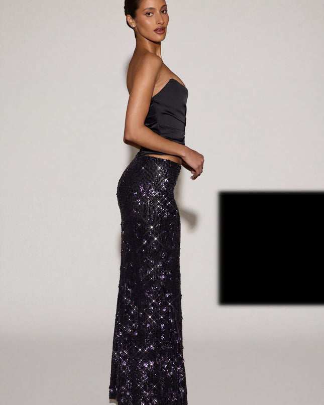 Black Purple Embellished Mid-Rise Thigh-Split Maxi Skirt