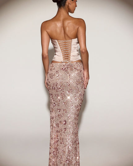 Rose Gold Embellished Mid-Rise Thigh-Split Maxi Skirt