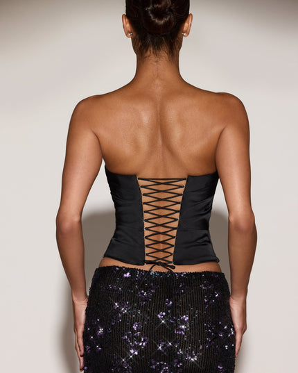 Black Purple Satin Draped Lace-Up Corset Top