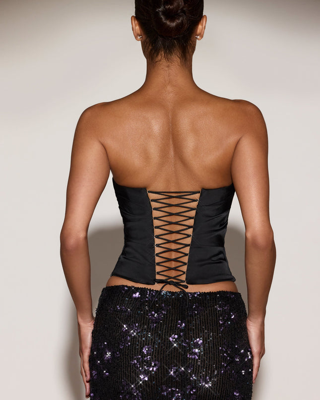Black Purple Satin Draped Lace-Up Corset Top