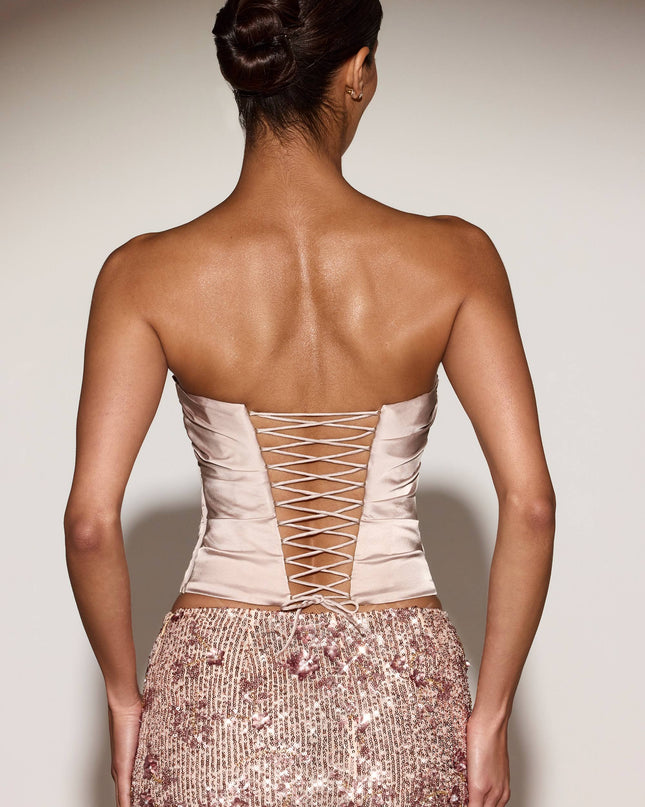 Gold Satin Draped Lace-Up Corset Top
