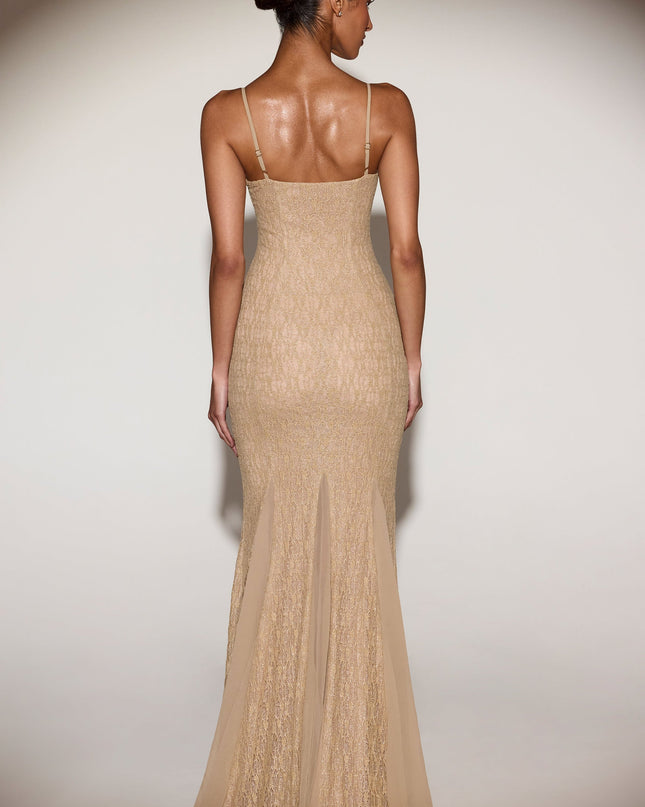 Gold Metallic Lace Godet Fishtail Gown