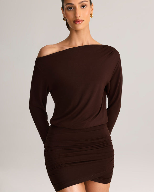 Chocolate Brown Modal Off-Shoulder Wrap Mini Dress