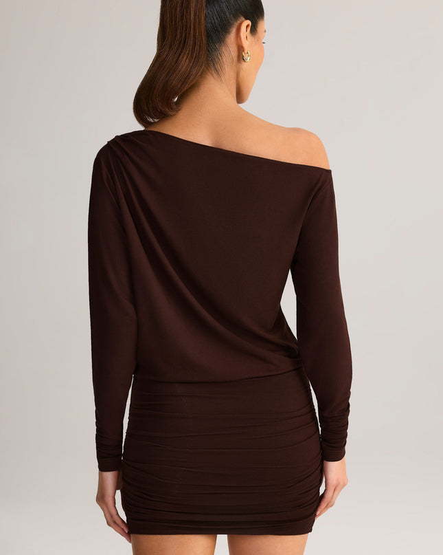 Chocolate Brown Modal Off-Shoulder Wrap Mini Dress