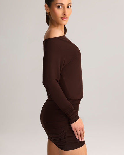 Chocolate Brown Modal Off-Shoulder Wrap Mini Dress