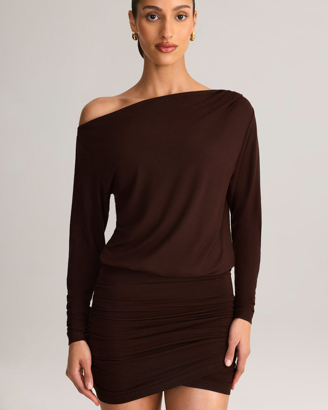 Chocolate Brown Modal Off-Shoulder Wrap Mini Dress
