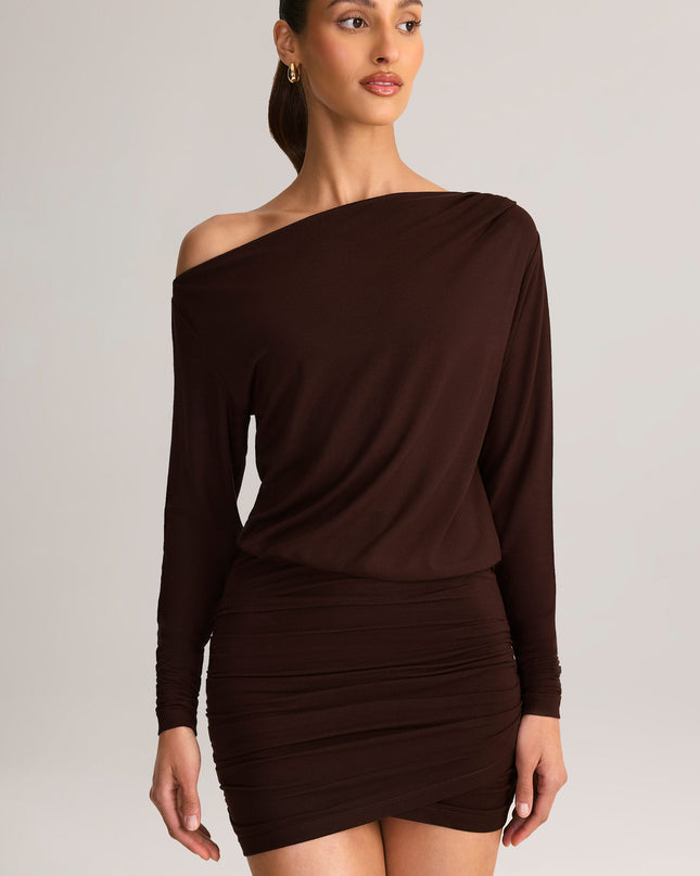 Chocolate Brown Modal Off-Shoulder Wrap Mini Dress