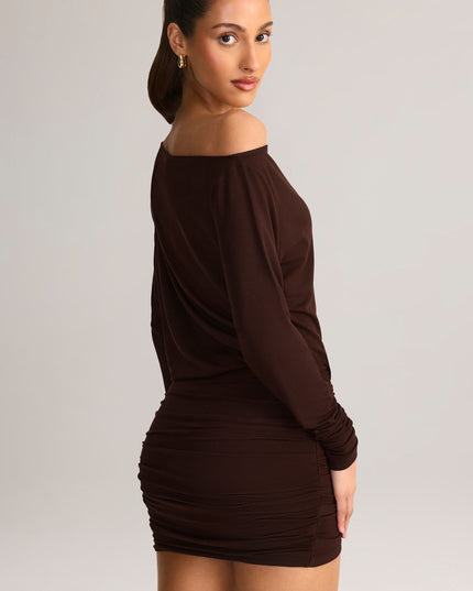 Chocolate Brown Modal Off-Shoulder Wrap Mini Dress