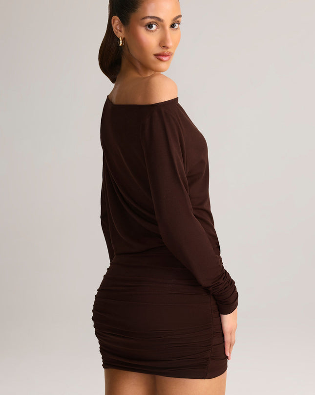 Chocolate Brown Modal Off-Shoulder Wrap Mini Dress