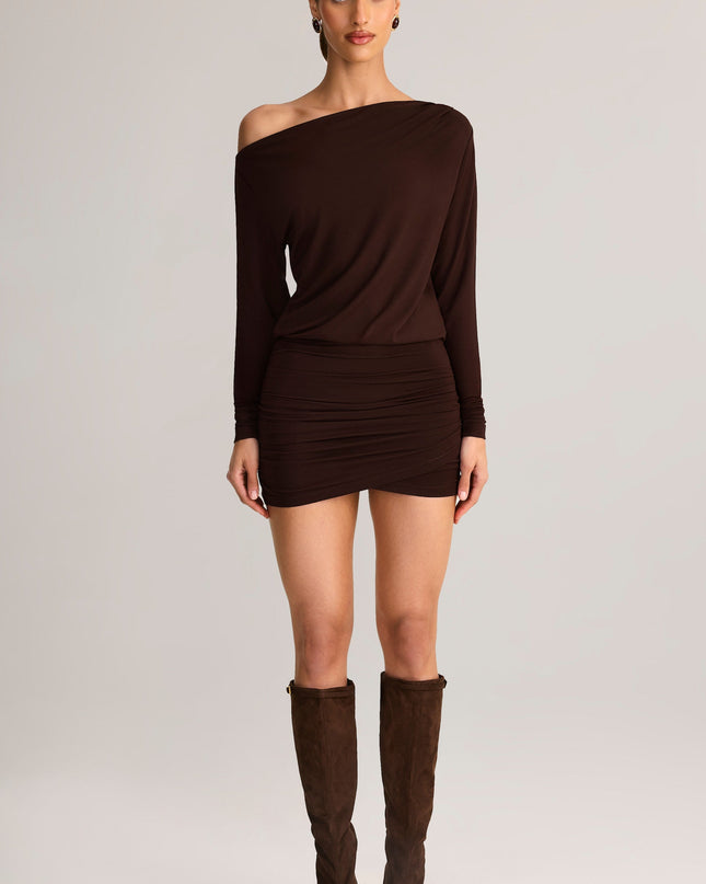 Chocolate Brown Modal Off-Shoulder Wrap Mini Dress