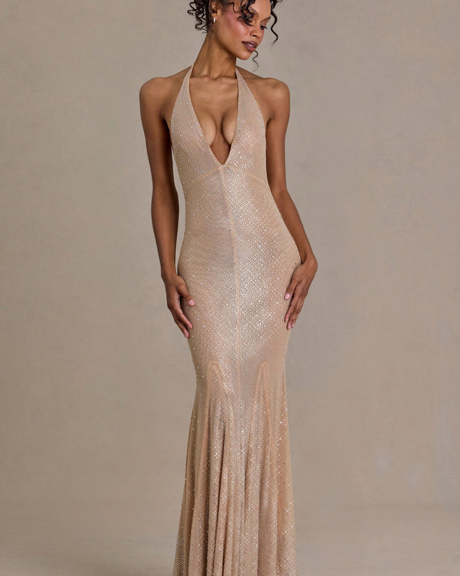 Sand Embellished Plunge-Neck Open-Back Gown