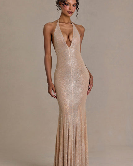 Sand Embellished Plunge-Neck Open-Back Gown