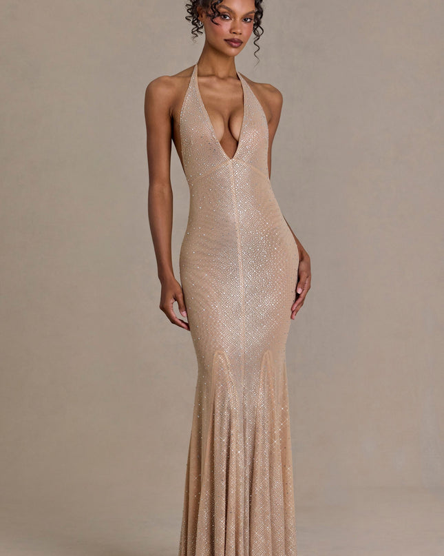 Sand Embellished Plunge-Neck Open-Back Gown