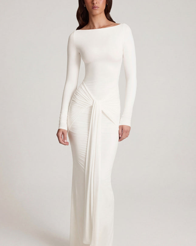 White Soft Jersey Boat-Neck Tie-Gather Maxi Dress