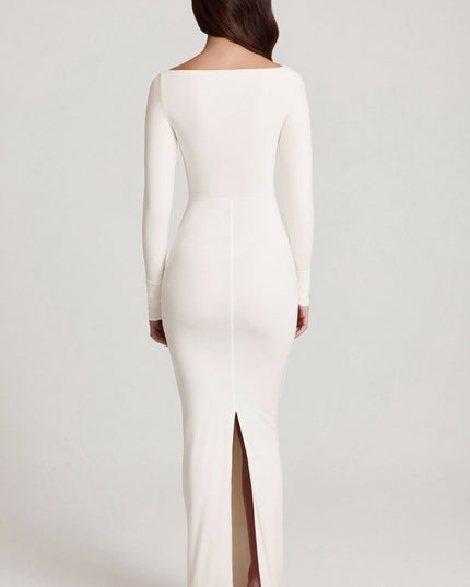 White Soft Jersey Boat-Neck Tie-Gather Maxi Dress