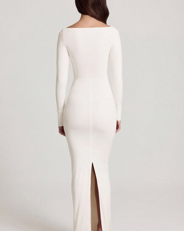 White Soft Jersey Boat-Neck Tie-Gather Maxi Dress