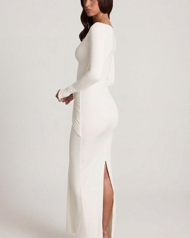 White Soft Jersey Boat-Neck Tie-Gather Maxi Dress