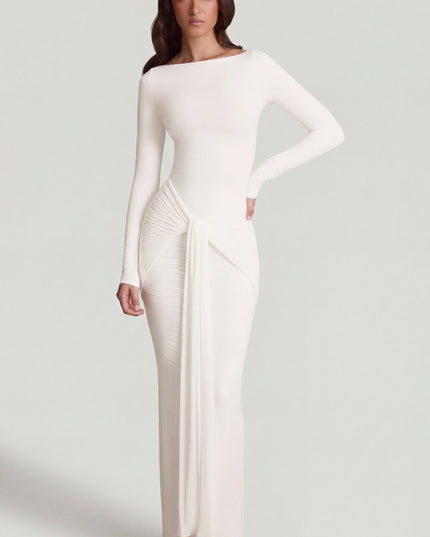 White Soft Jersey Boat-Neck Tie-Gather Maxi Dress