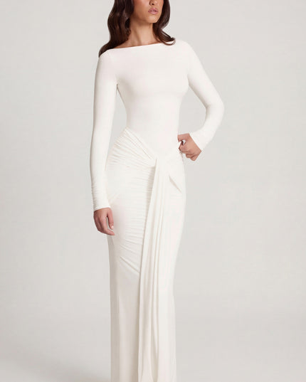 White Soft Jersey Boat-Neck Tie-Gather Maxi Dress