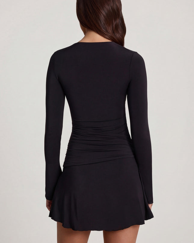 Black Soft Jersey Scoop-Neck Flared Mini Dress