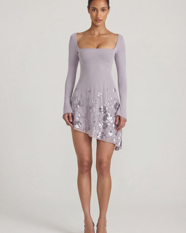 Lilac Embellished Appliqué Asymmetric Mini Dress