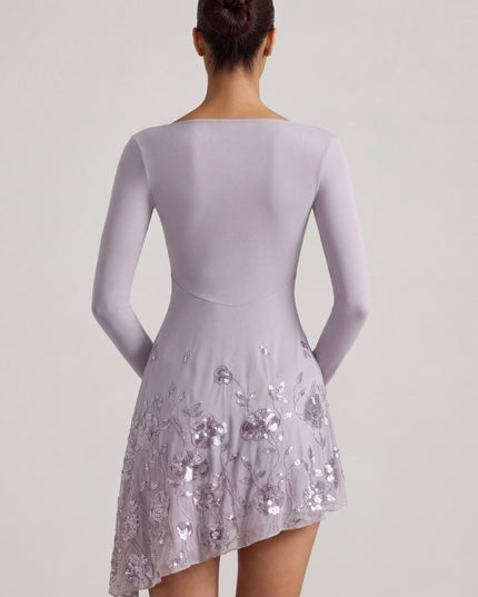 Lilac Embellished Appliqué Asymmetric Mini Dress